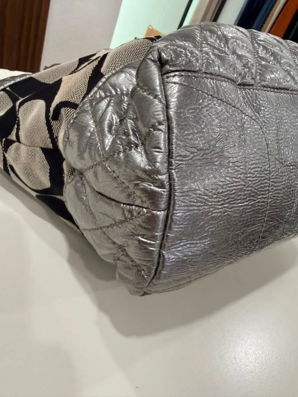 Coach Poppy Silver Quilted Metallic Signature Monogram Gray Black Tote #18676